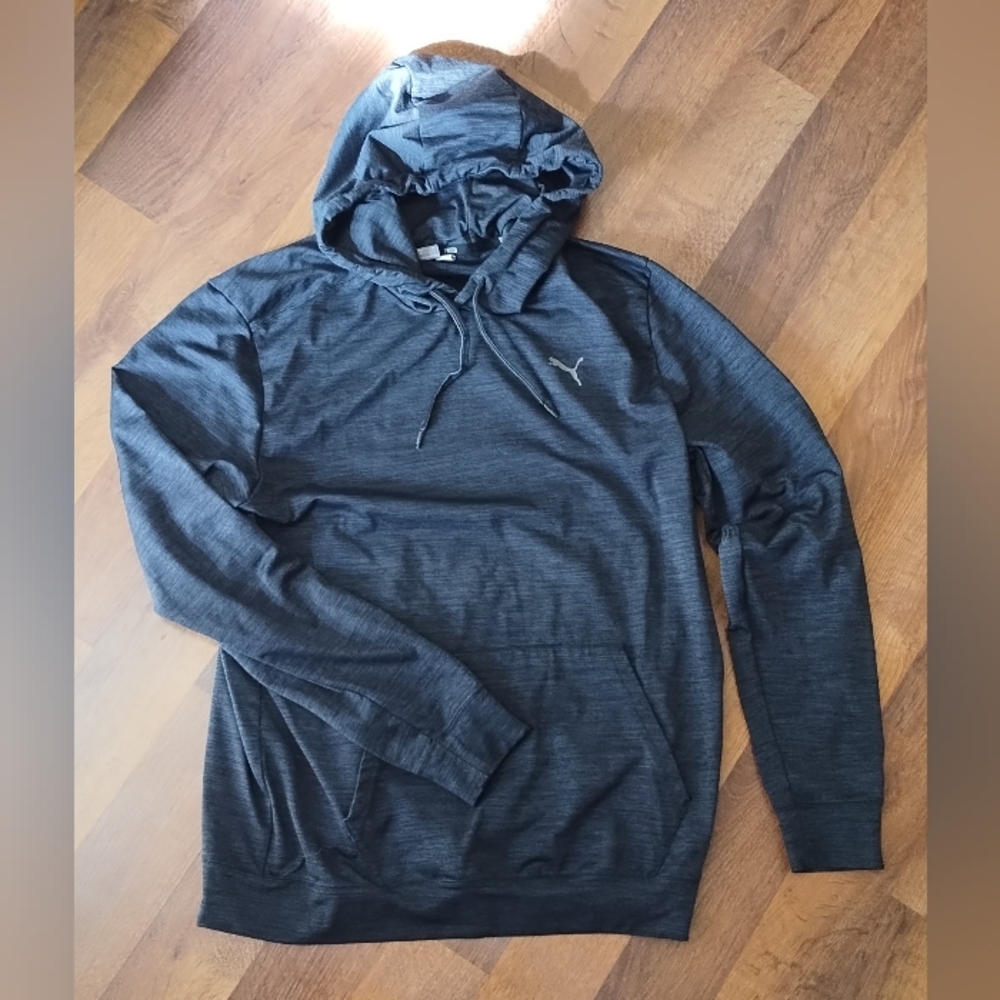 Puma L Men’s Pullover Drawstring Hoodie Dark Gray Athletic Kangaroo Pocket Logo